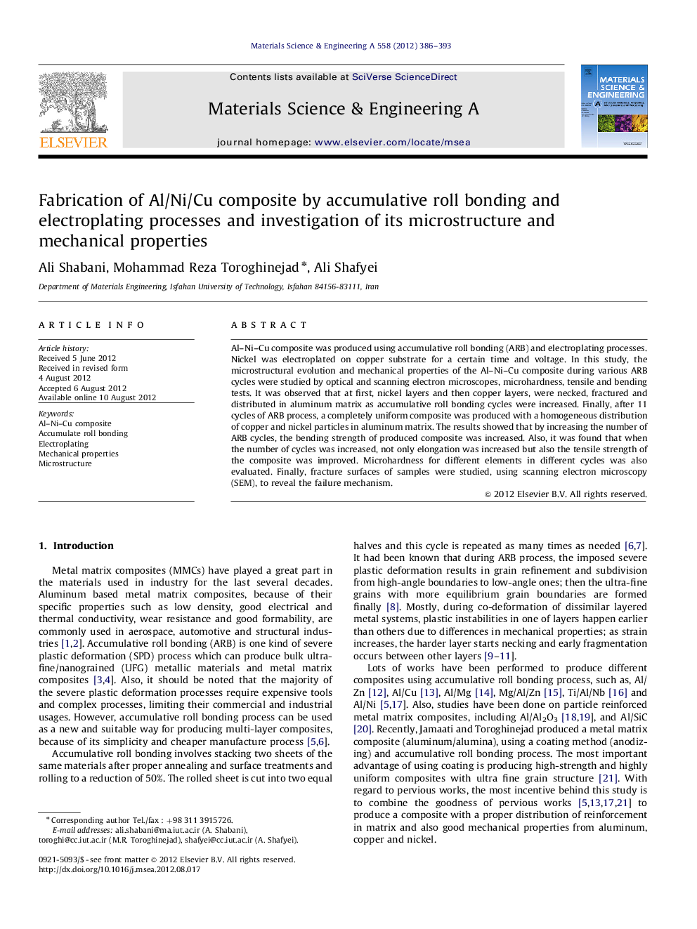 Fabrication of Al/Ni/Cu composite by accumulative roll bonding and electroplating processes and investigation of its microstructure and mechanical properties