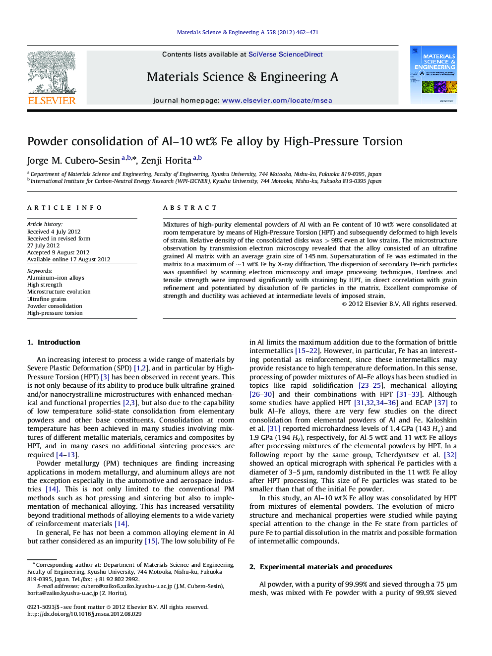 Powder consolidation of Al-10Â wt% Fe alloy by High-Pressure Torsion