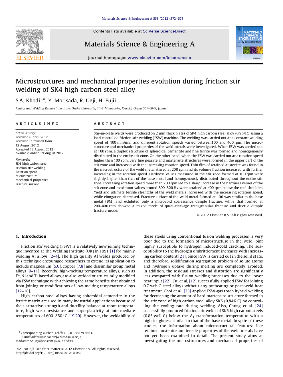 Microstructures and mechanical properties evolution during friction stir welding of SK4 high carbon steel alloy