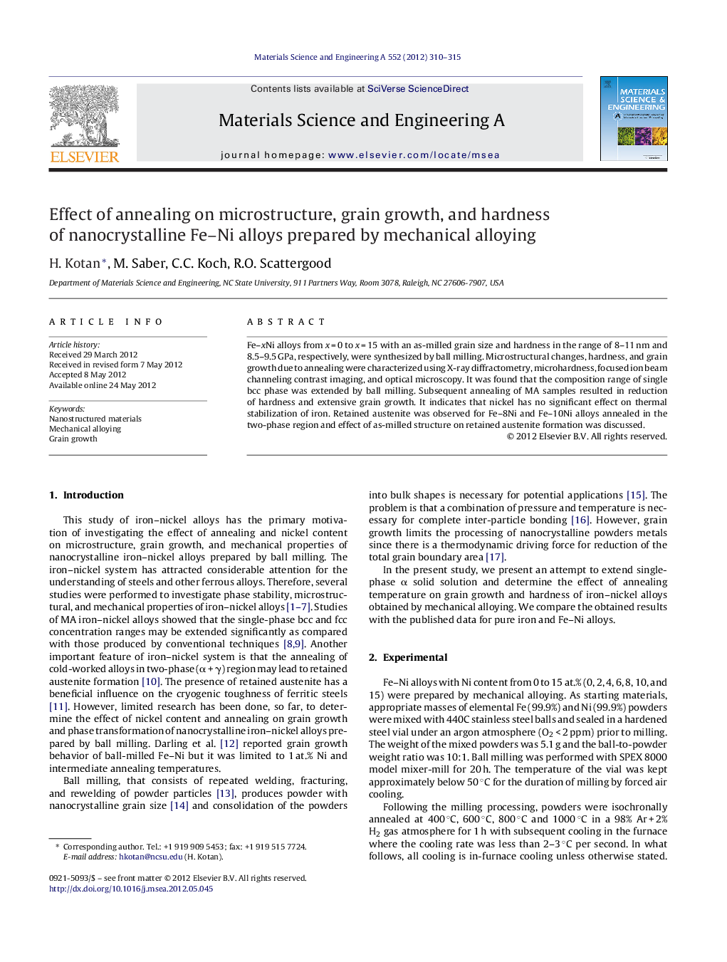 Effect of annealing on microstructure, grain growth, and hardness of nanocrystalline Fe–Ni alloys prepared by mechanical alloying