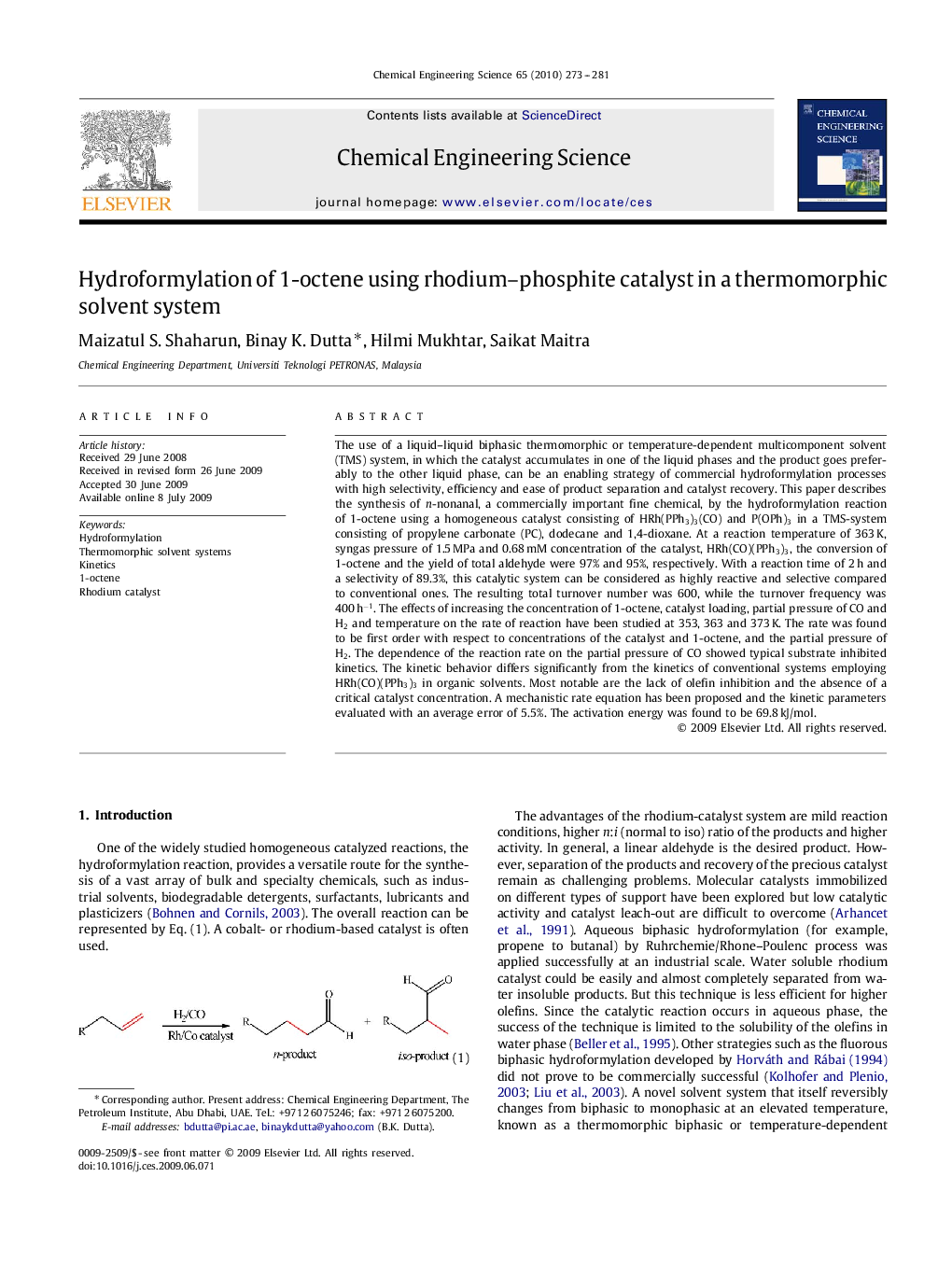 Hydroformylation of 1-octene using rhodium–phosphite catalyst in a thermomorphic solvent system