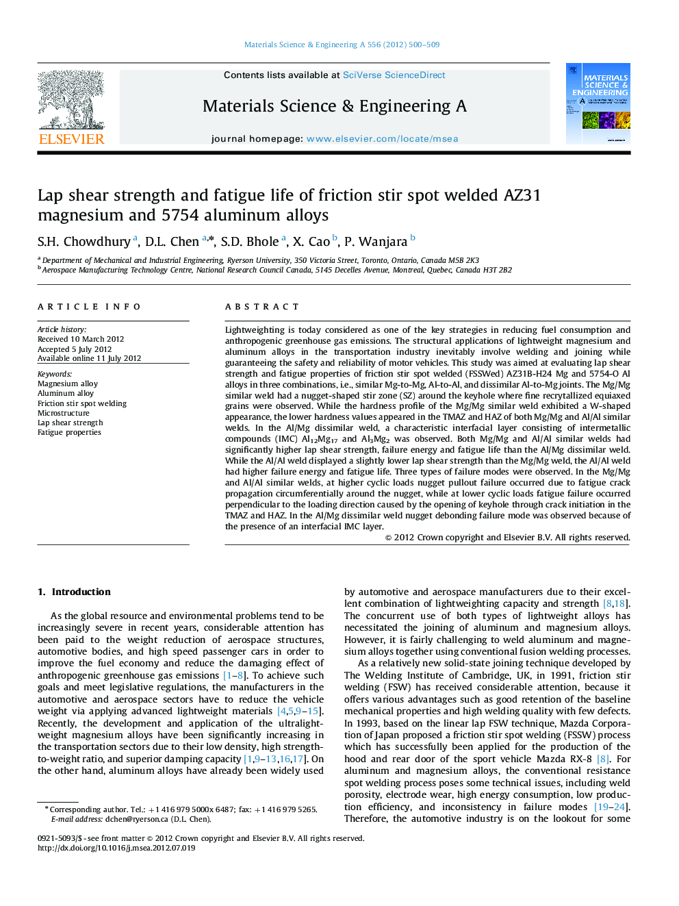 Lap shear strength and fatigue life of friction stir spot welded AZ31 magnesium and 5754 aluminum alloys