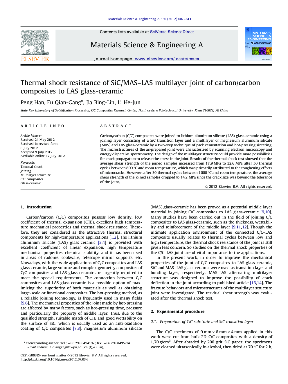 Thermal shock resistance of SiC/MAS–LAS multilayer joint of carbon/carbon composites to LAS glass-ceramic