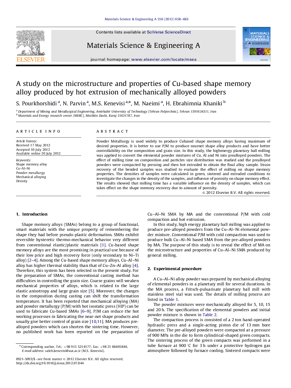 A study on the microstructure and properties of Cu-based shape memory alloy produced by hot extrusion of mechanically alloyed powders