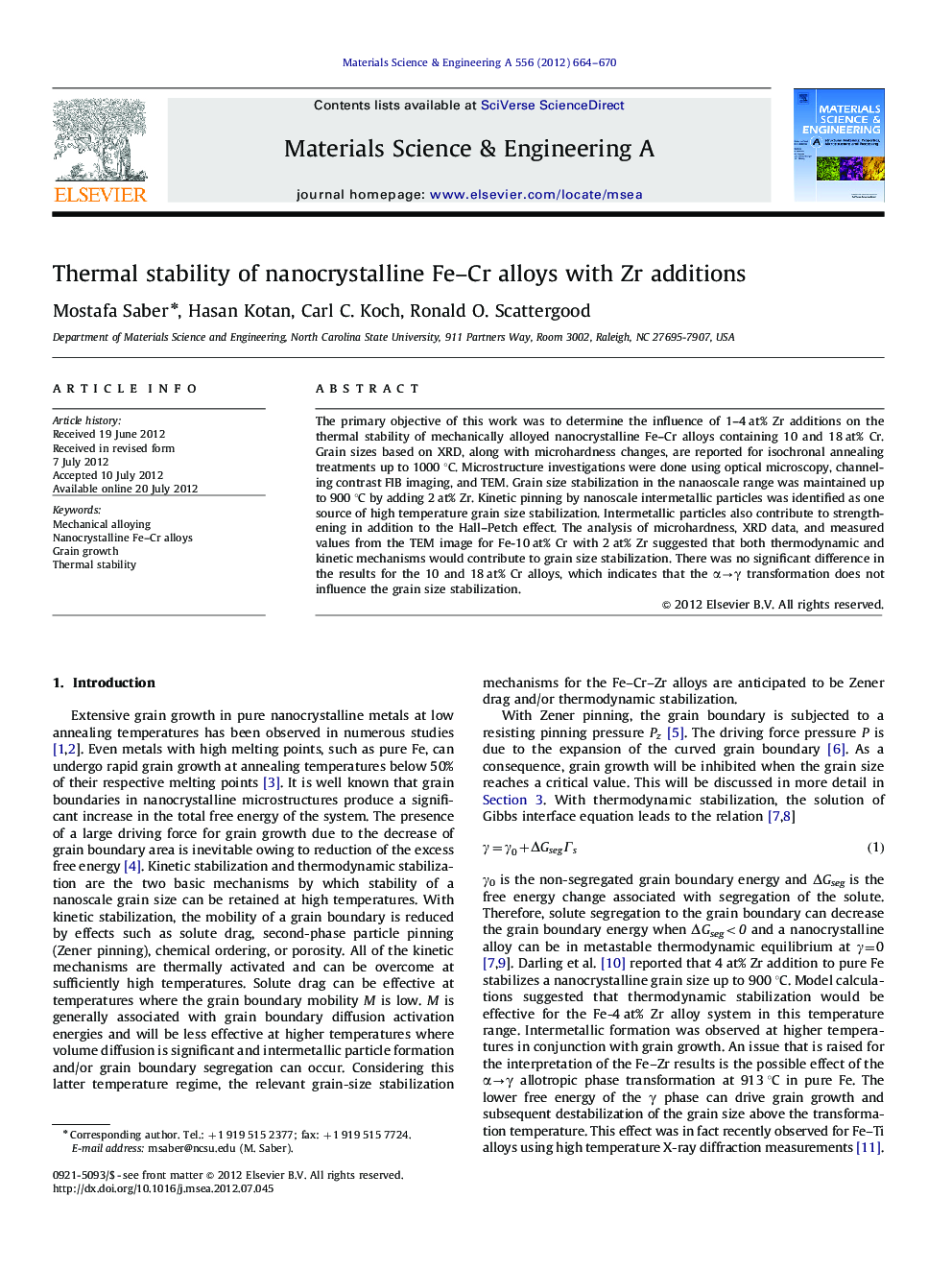 Thermal stability of nanocrystalline Fe-Cr alloys with Zr additions