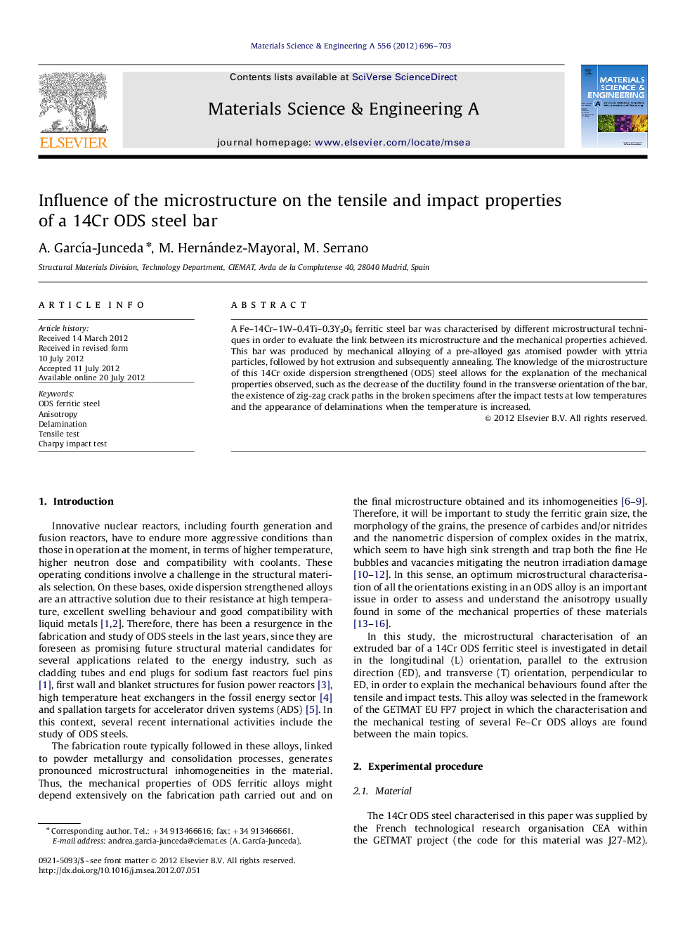 عکس صفحه اول مقاله: Influence of the microstructure on the tensile and impact properties of a 14Cr ODS steel bar Influence of the microstructure on the tensile and impact properties of a 14Cr ODS steel bar