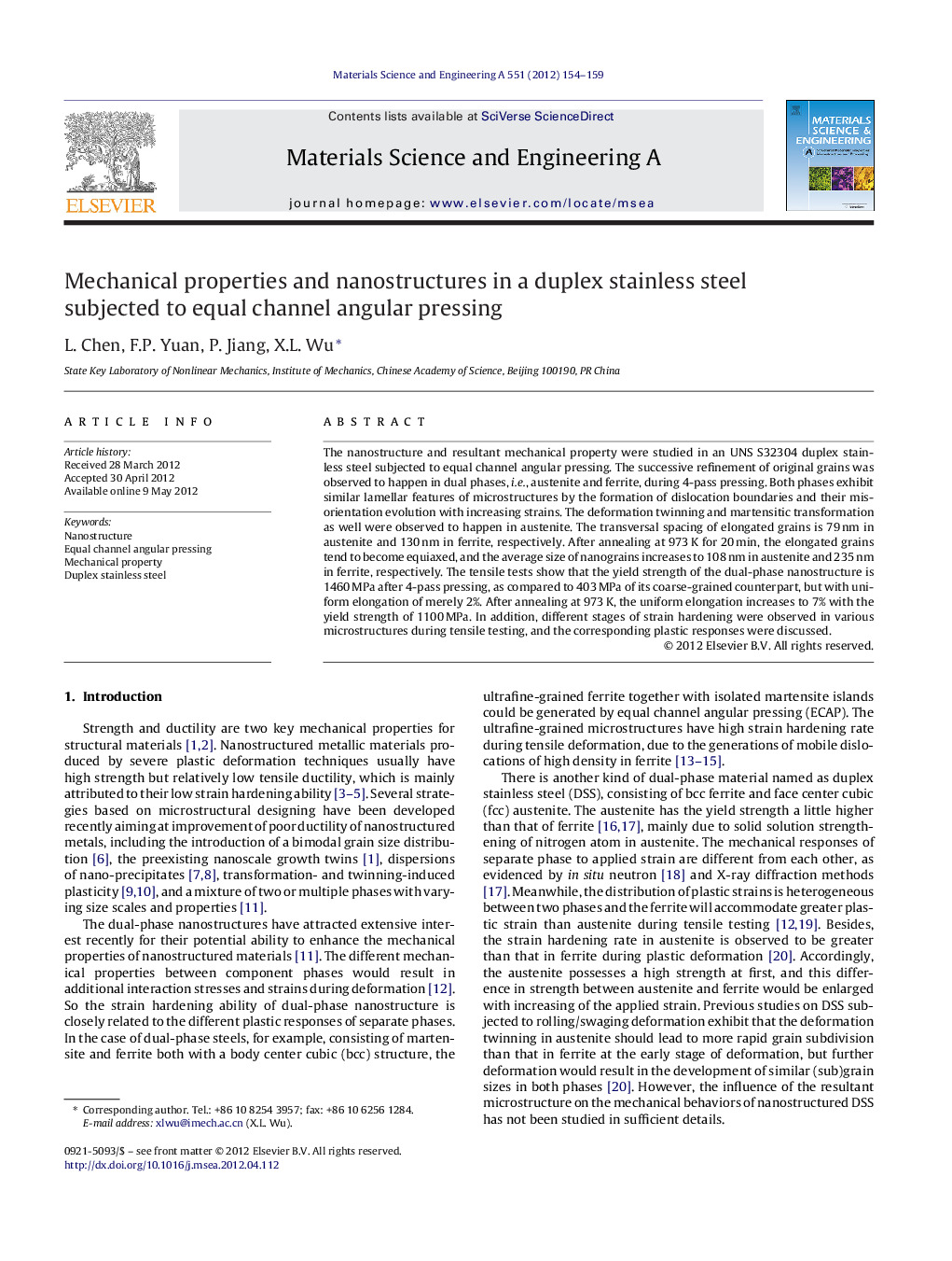 Mechanical properties and nanostructures in a duplex stainless steel subjected to equal channel angular pressing