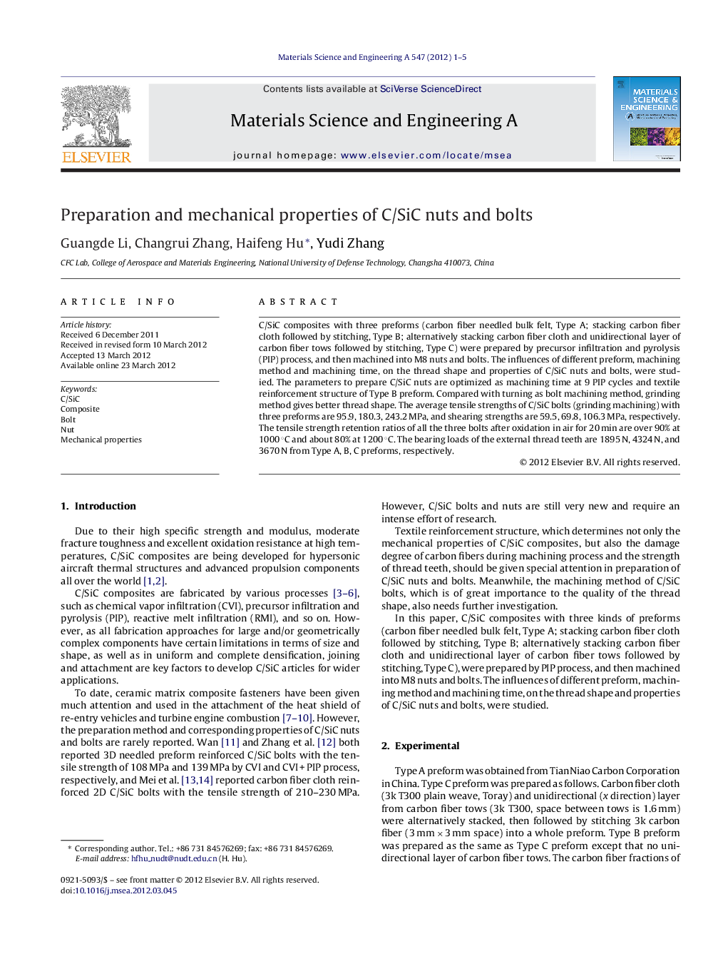 Preparation and mechanical properties of C/SiC nuts and bolts