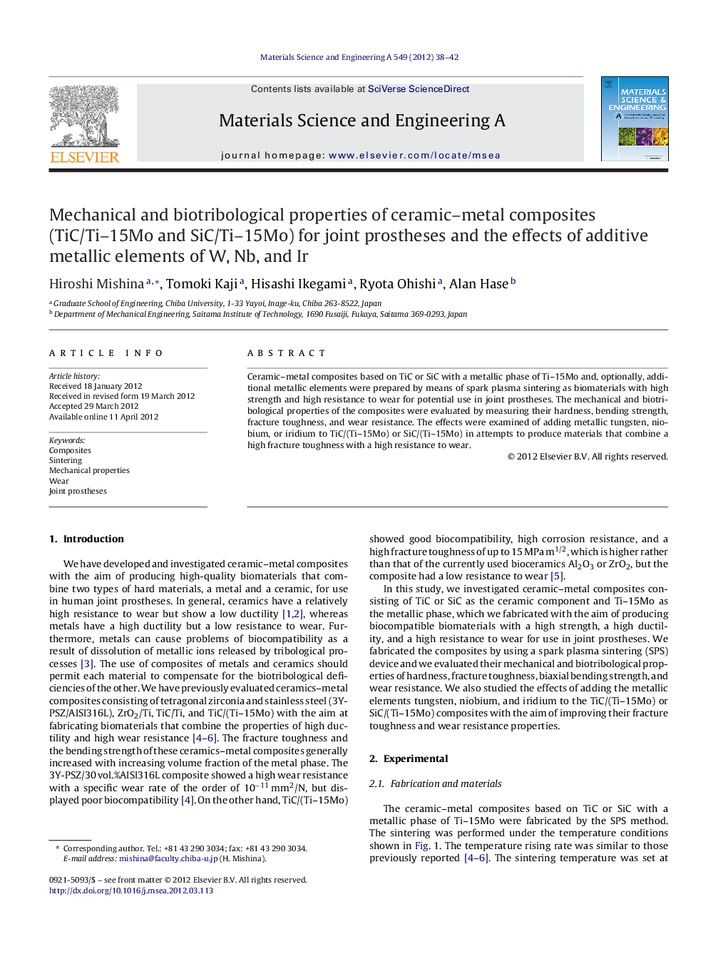 Mechanical and biotribological properties of ceramic–metal composites (TiC/Ti–15Mo and SiC/Ti–15Mo) for joint prostheses and the effects of additive metallic elements of W, Nb, and Ir