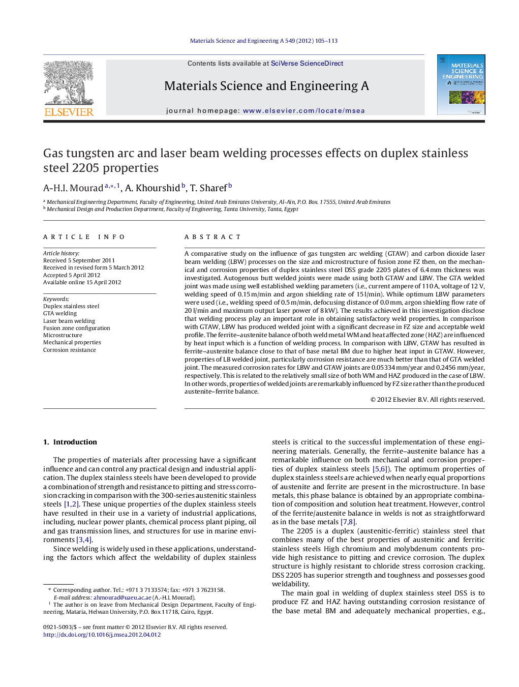 Gas tungsten arc and laser beam welding processes effects on duplex stainless steel 2205 properties