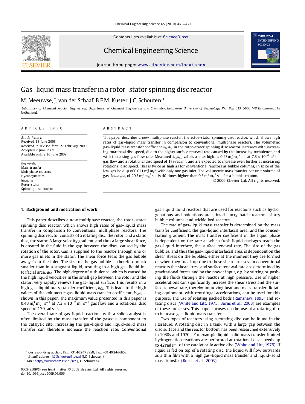 Gas–liquid mass transfer in a rotor–stator spinning disc reactor