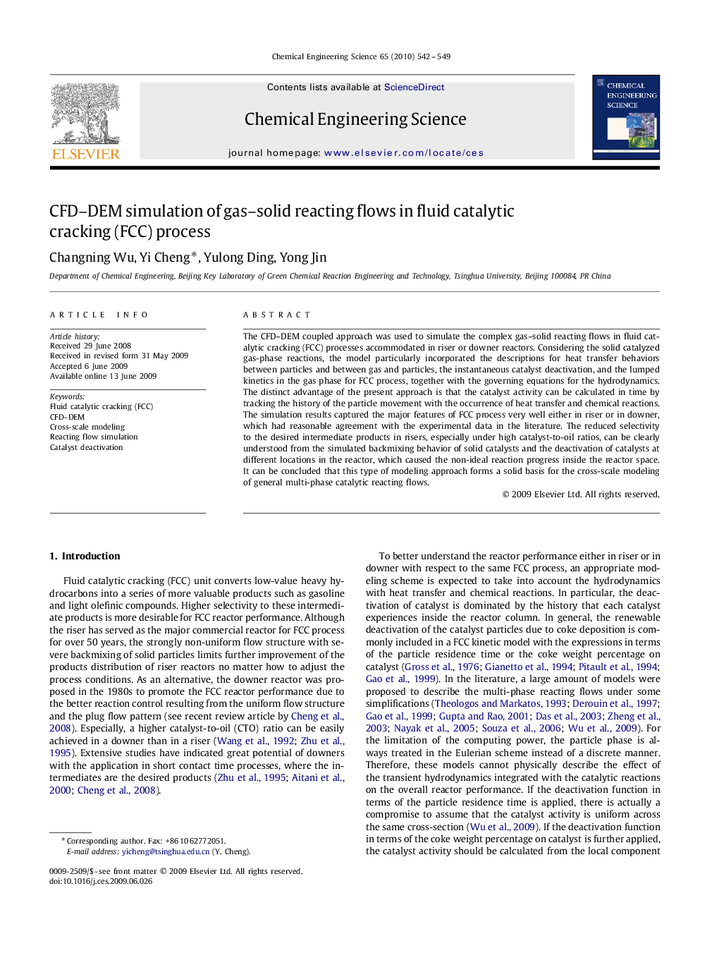 CFD–DEM simulation of gas–solid reacting flows in fluid catalytic cracking (FCC) process