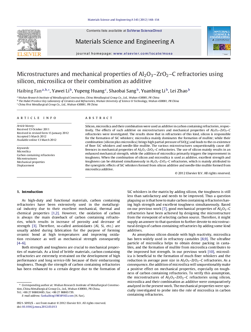 Microstructures and mechanical properties of Al2O3-ZrO2-C refractories using silicon, microsilica or their combination as additive