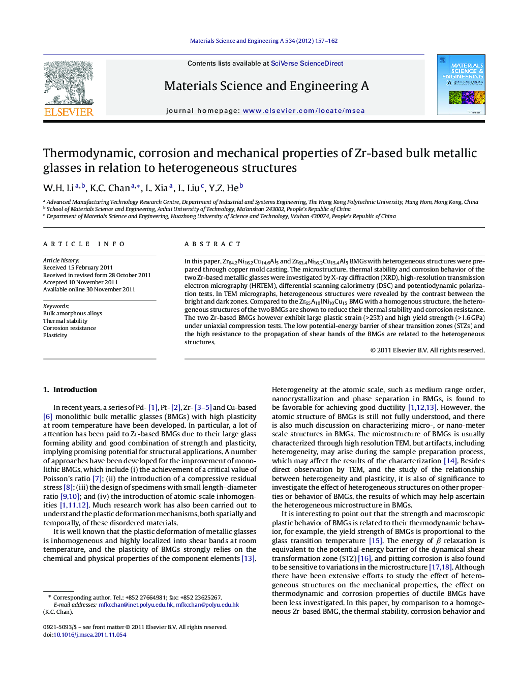 Thermodynamic, corrosion and mechanical properties of Zr-based bulk metallic glasses in relation to heterogeneous structures