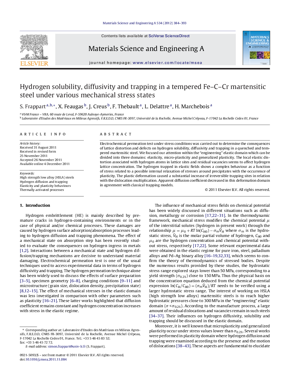 Hydrogen solubility, diffusivity and trapping in a tempered Fe–C–Cr martensitic steel under various mechanical stress states