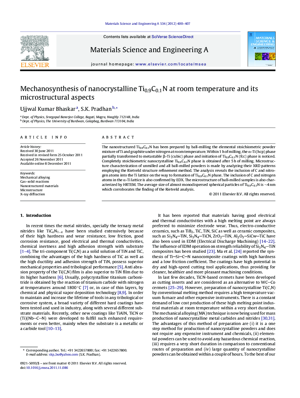 Mechanosynthesis of nanocrystalline Ti0.9C0.1N at room temperature and its microstructural aspects