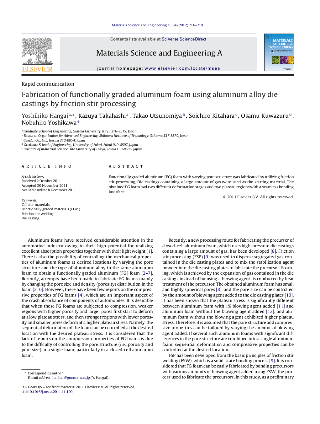 Fabrication of functionally graded aluminum foam using aluminum alloy die castings by friction stir processing