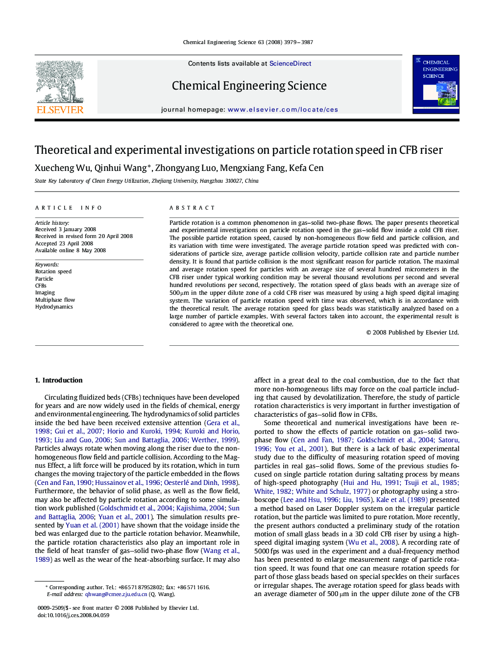 عکس صفحه اول مقاله: Theoretical and experimental investigations on particle rotation speed in CFB riser Theoretical and experimental investigations on particle rotation speed in CFB riser