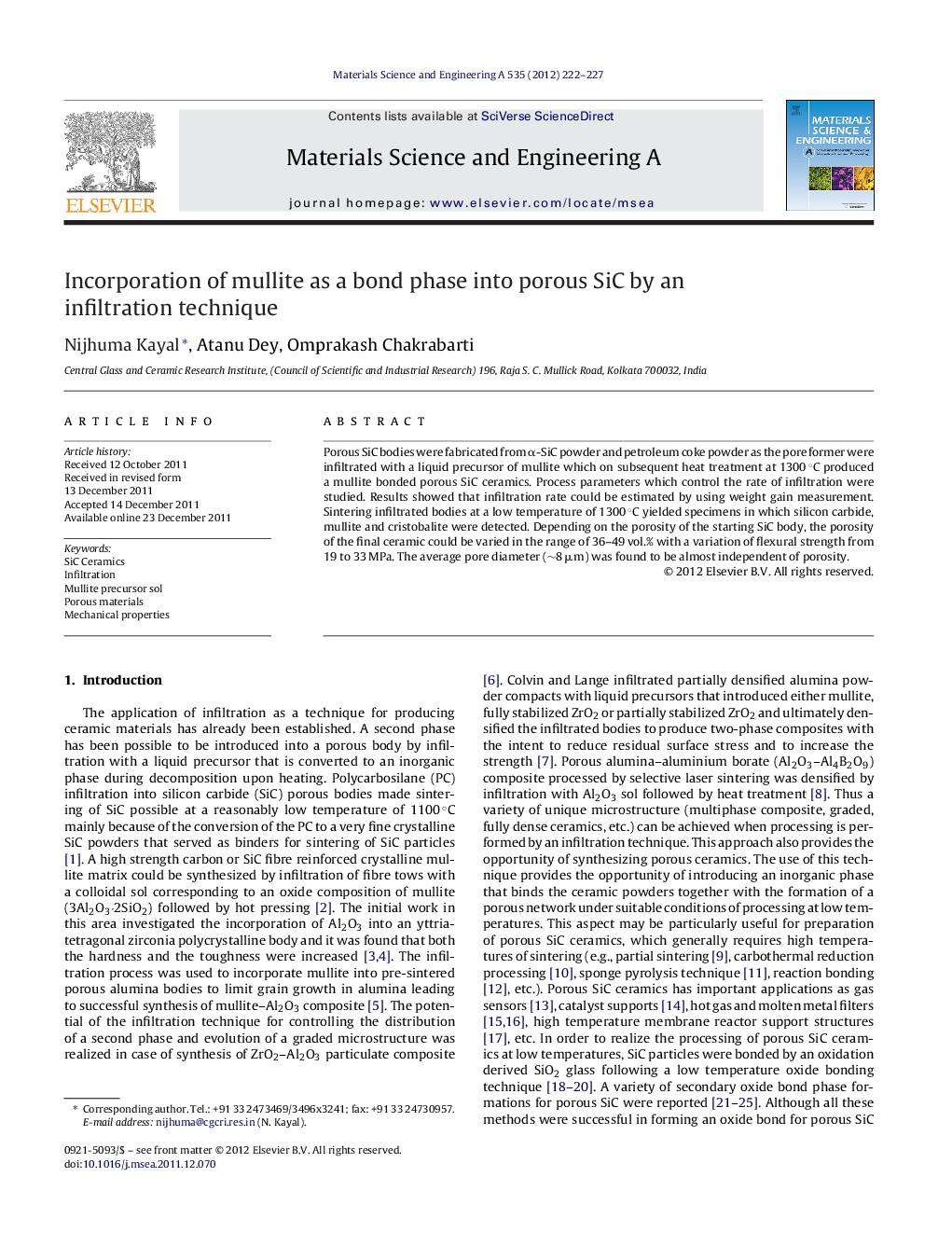 Incorporation of mullite as a bond phase into porous SiC by an infiltration technique