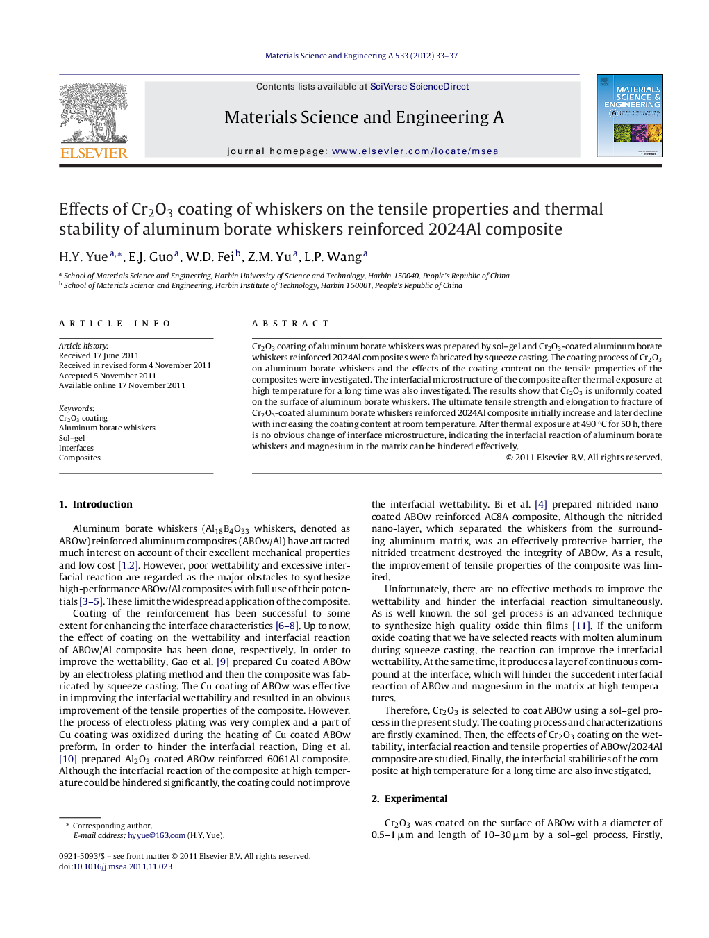 Effects of Cr2O3 coating of whiskers on the tensile properties and thermal stability of aluminum borate whiskers reinforced 2024Al composite