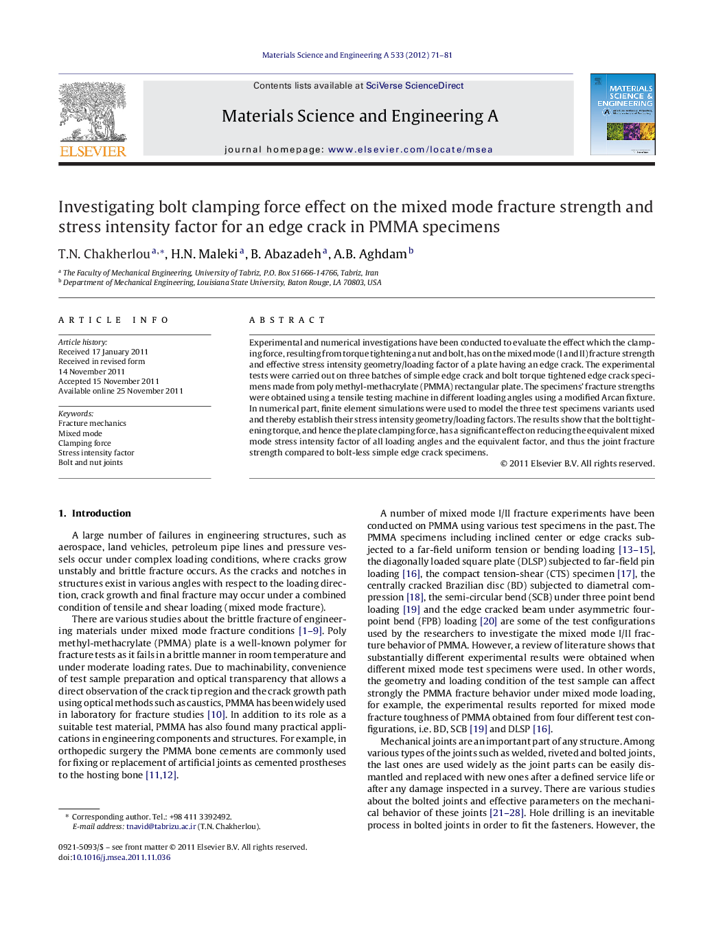 Investigating bolt clamping force effect on the mixed mode fracture strength and stress intensity factor for an edge crack in PMMA specimens