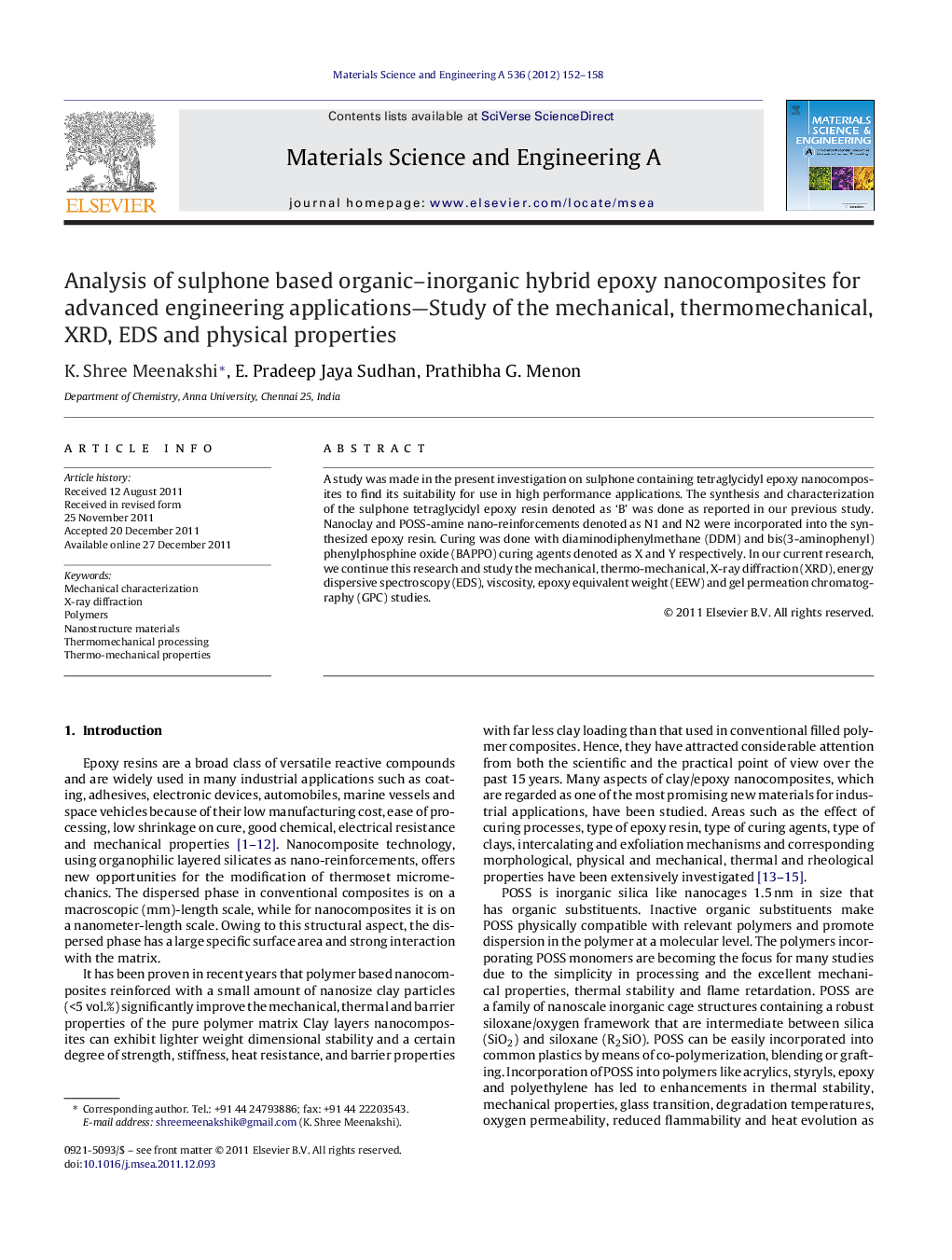 Analysis of sulphone based organic–inorganic hybrid epoxy nanocomposites for advanced engineering applications—Study of the mechanical, thermomechanical, XRD, EDS and physical properties