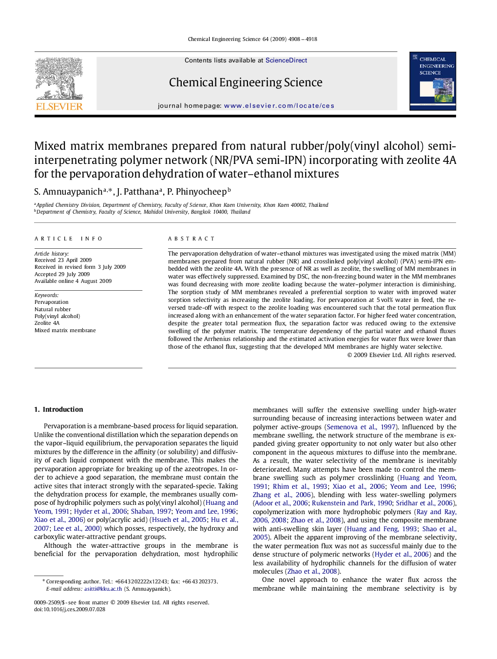 Mixed matrix membranes prepared from natural rubber/poly(vinyl alcohol) semi-interpenetrating polymer network (NR/PVA semi-IPN) incorporating with zeolite 4A for the pervaporation dehydration of water–ethanol mixtures