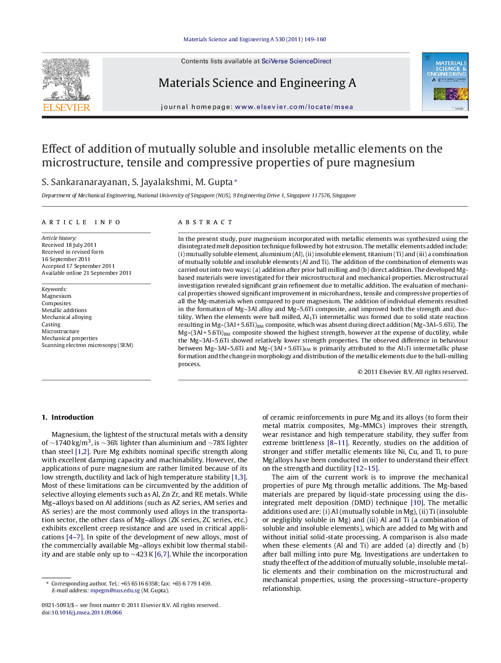 Effect of addition of mutually soluble and insoluble metallic elements on the microstructure, tensile and compressive properties of pure magnesium