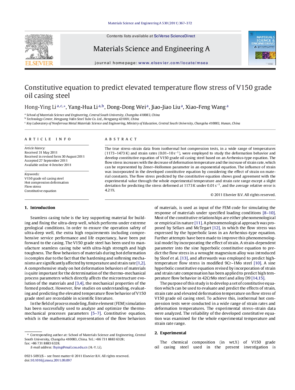 Constitutive equation to predict elevated temperature flow stress of V150 grade oil casing steel