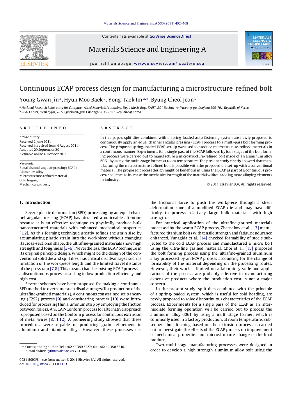 Continuous ECAP process design for manufacturing a microstructure-refined bolt