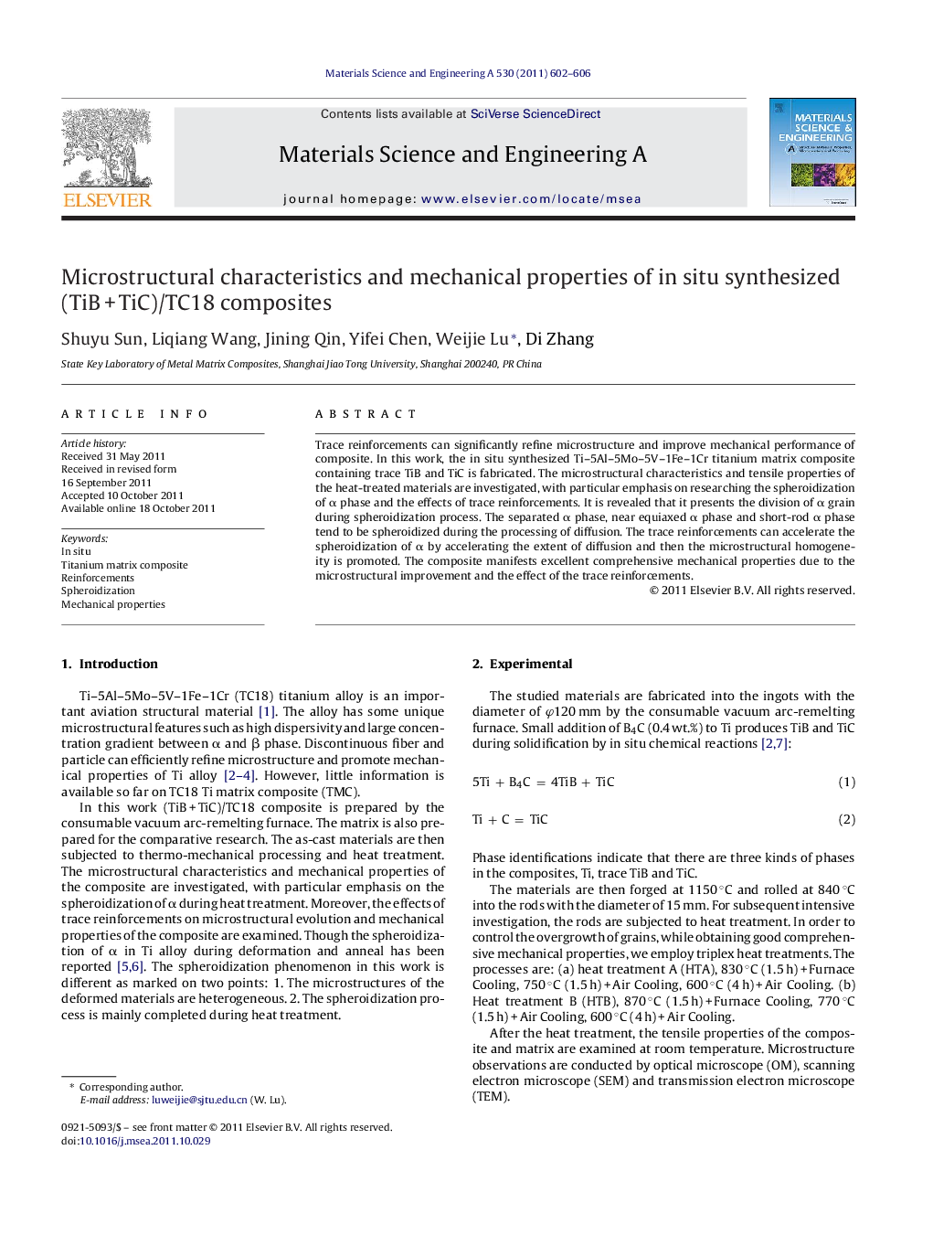 Microstructural characteristics and mechanical properties of in situ synthesized (TiB + TiC)/TC18 composites