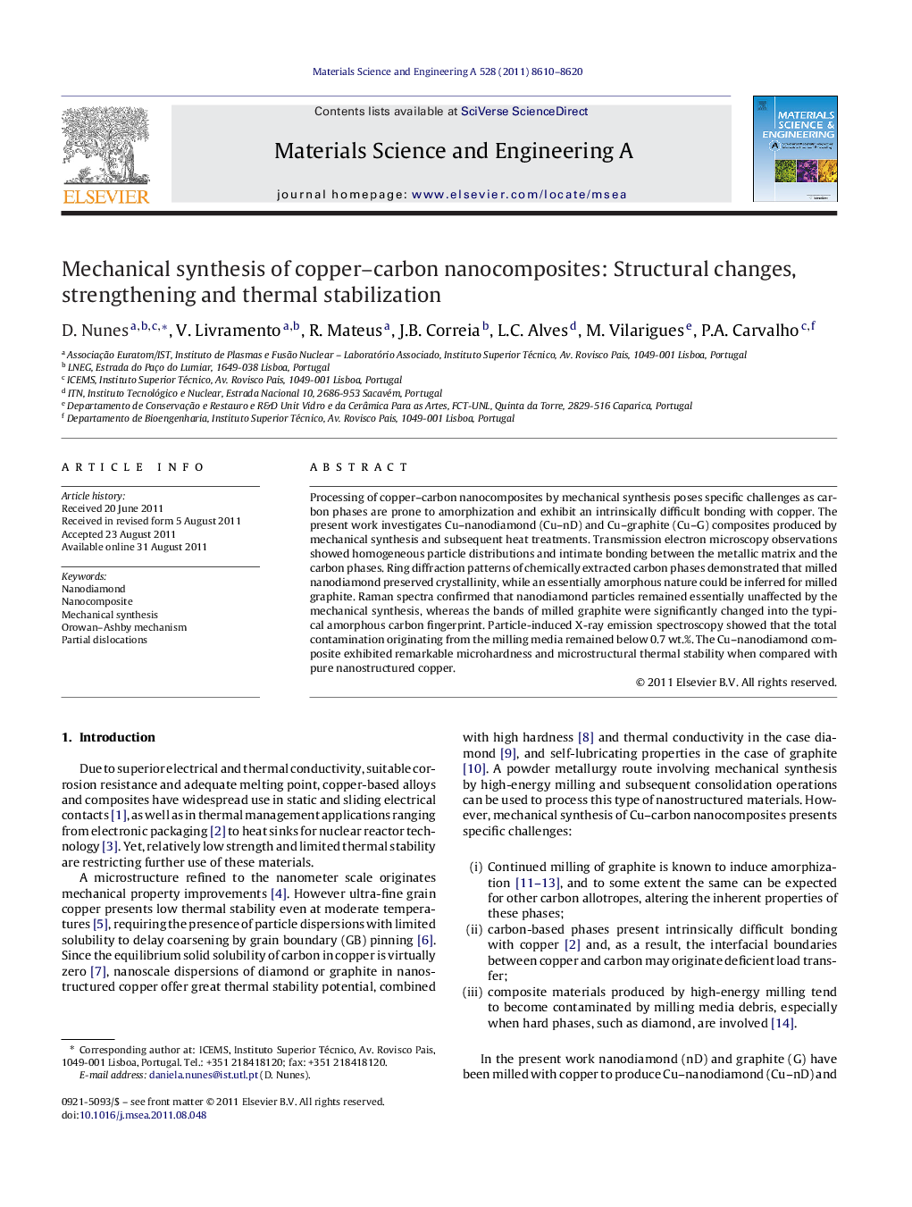 Mechanical synthesis of copper–carbon nanocomposites: Structural changes, strengthening and thermal stabilization