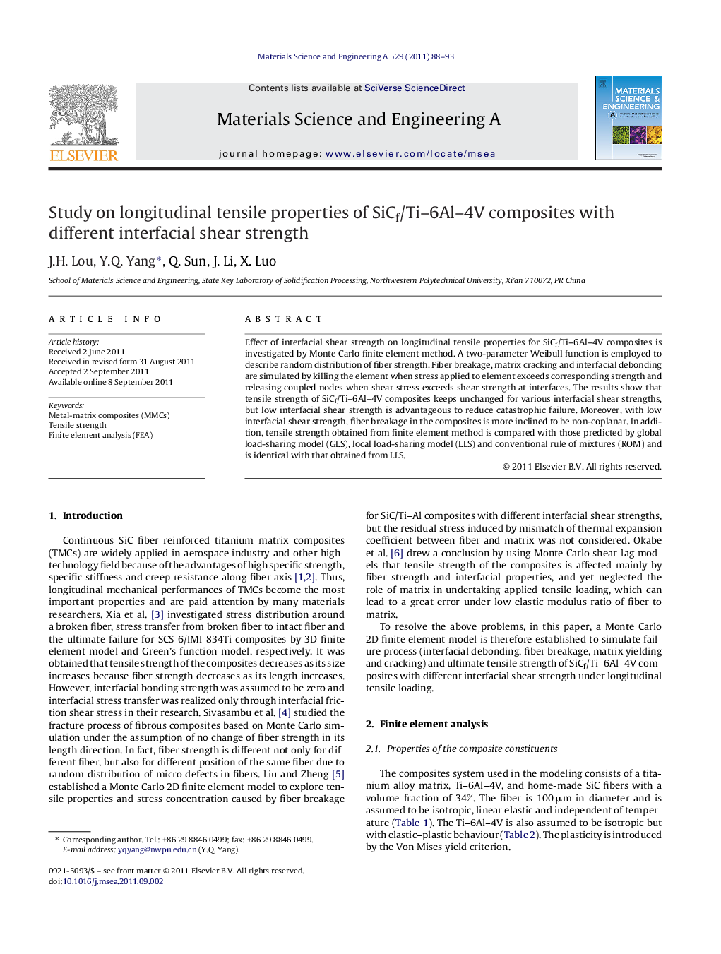 Study on longitudinal tensile properties of SiCf/Ti-6Al-4V composites with different interfacial shear strength