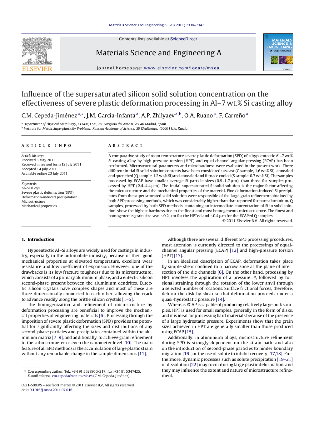 Influence of the supersaturated silicon solid solution concentration on the effectiveness of severe plastic deformation processing in Al-7Â wt.% Si casting alloy