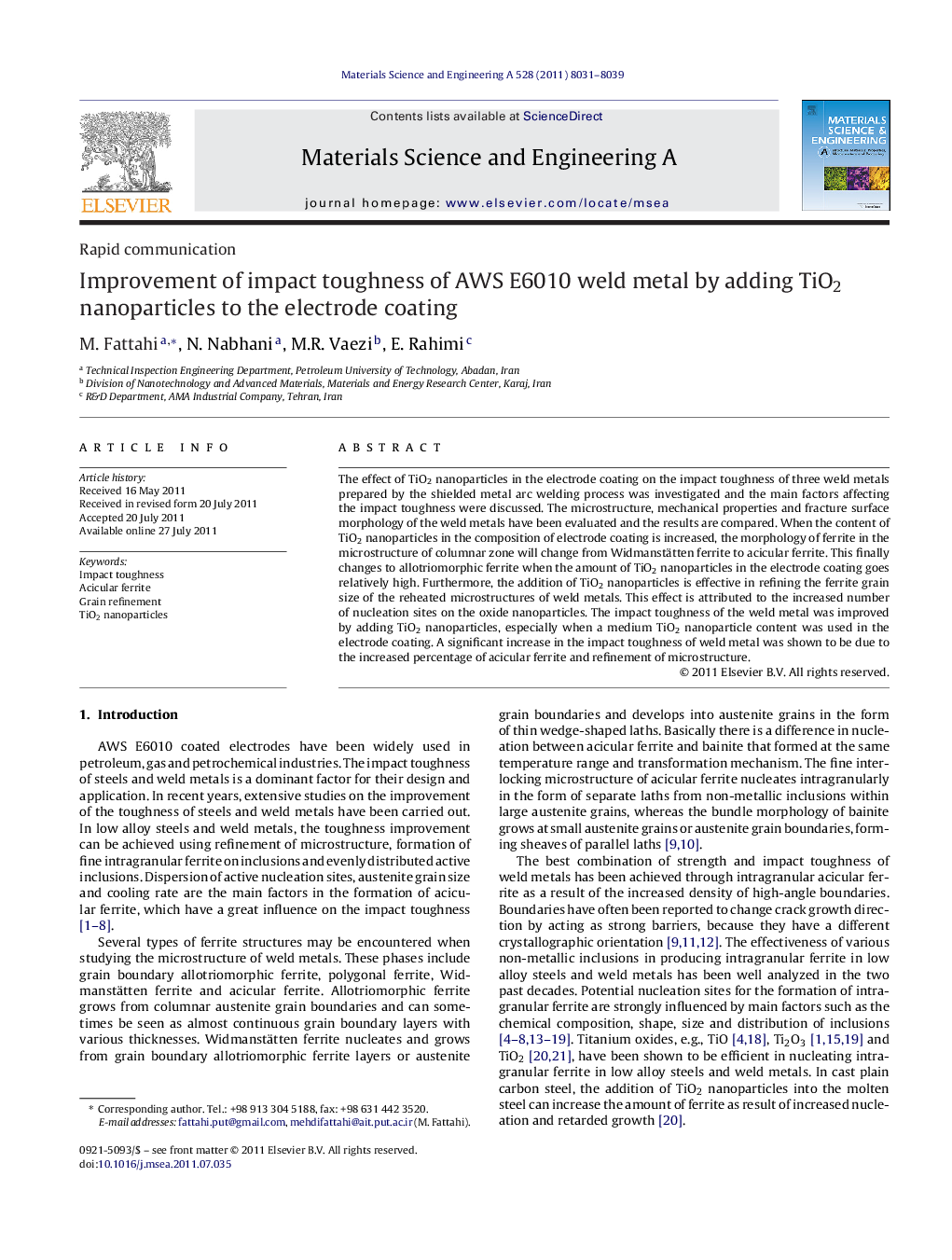 Improvement of impact toughness of AWS E6010 weld metal by adding TiO2 nanoparticles to the electrode coating