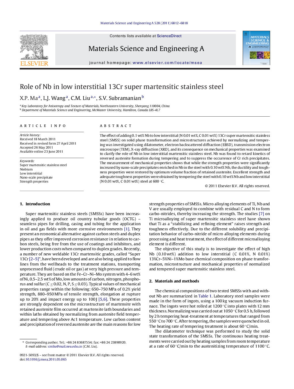 Role of Nb in low interstitial 13Cr super martensitic stainless steel