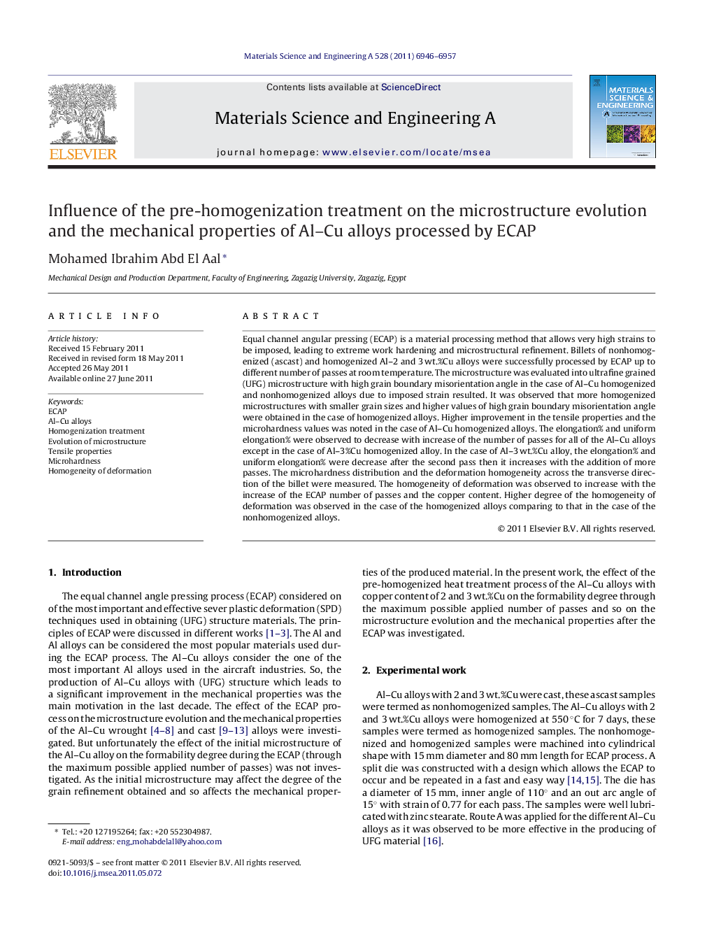 Influence of the pre-homogenization treatment on the microstructure evolution and the mechanical properties of Al-Cu alloys processed by ECAP