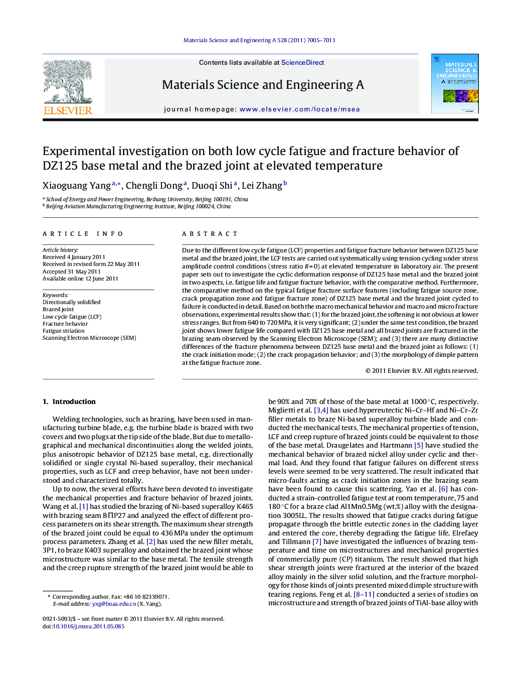 Experimental investigation on both low cycle fatigue and fracture behavior of DZ125 base metal and the brazed joint at elevated temperature