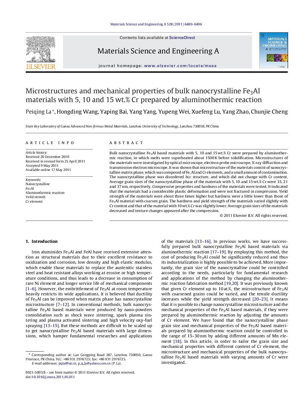 Microstructures and mechanical properties of bulk nanocrystalline Fe3Al materials with 5, 10 and 15Â wt.% Cr prepared by aluminothermic reaction