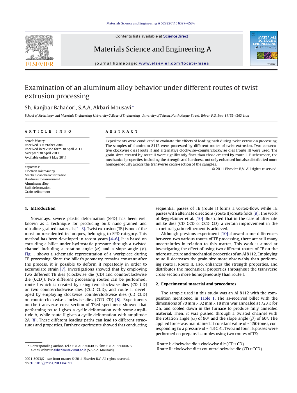 Examination of an aluminum alloy behavior under different routes of twist extrusion processing