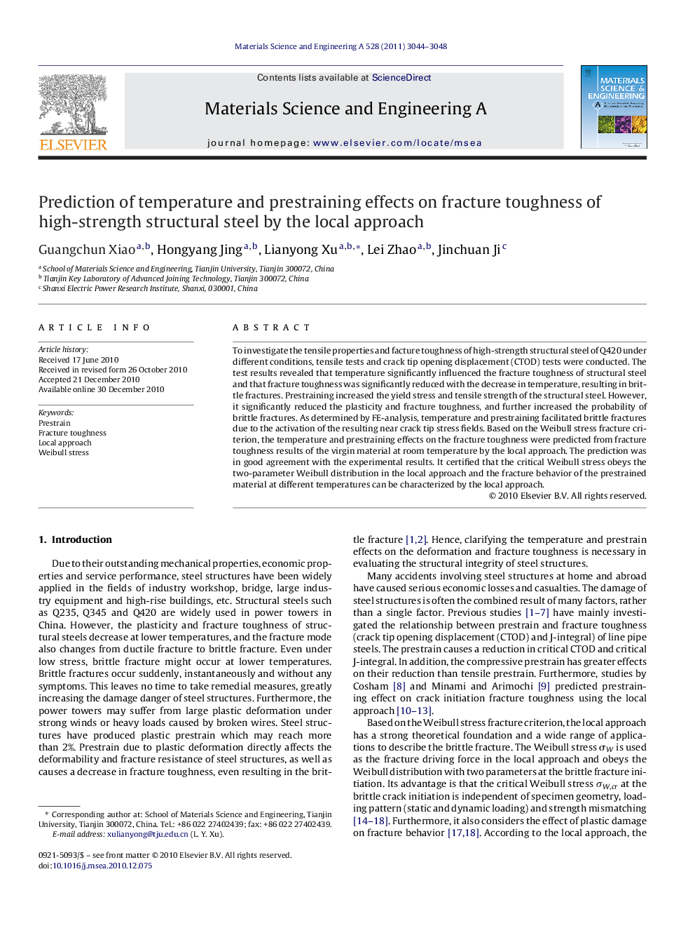 Prediction of temperature and prestraining effects on fracture toughness of high-strength structural steel by the local approach