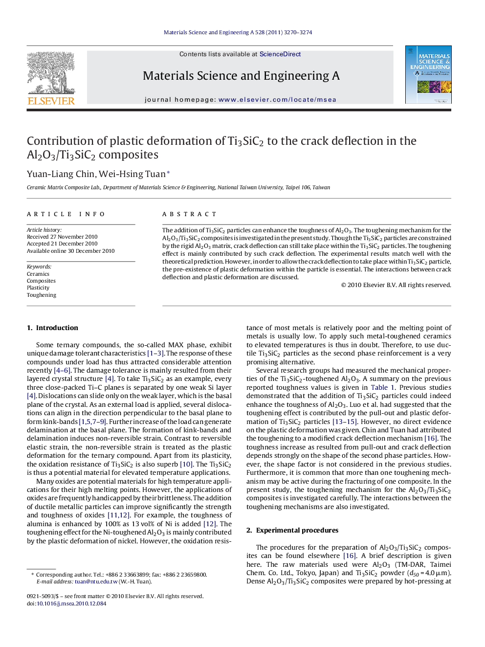 Contribution of plastic deformation of Ti3SiC2 to the crack deflection in the Al2O3/Ti3SiC2 composites