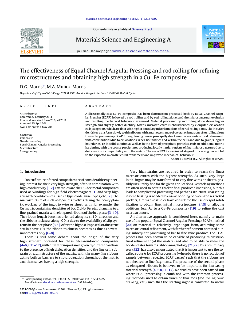 The effectiveness of Equal Channel Angular Pressing and rod rolling for refining microstructures and obtaining high strength in a Cu–Fe composite