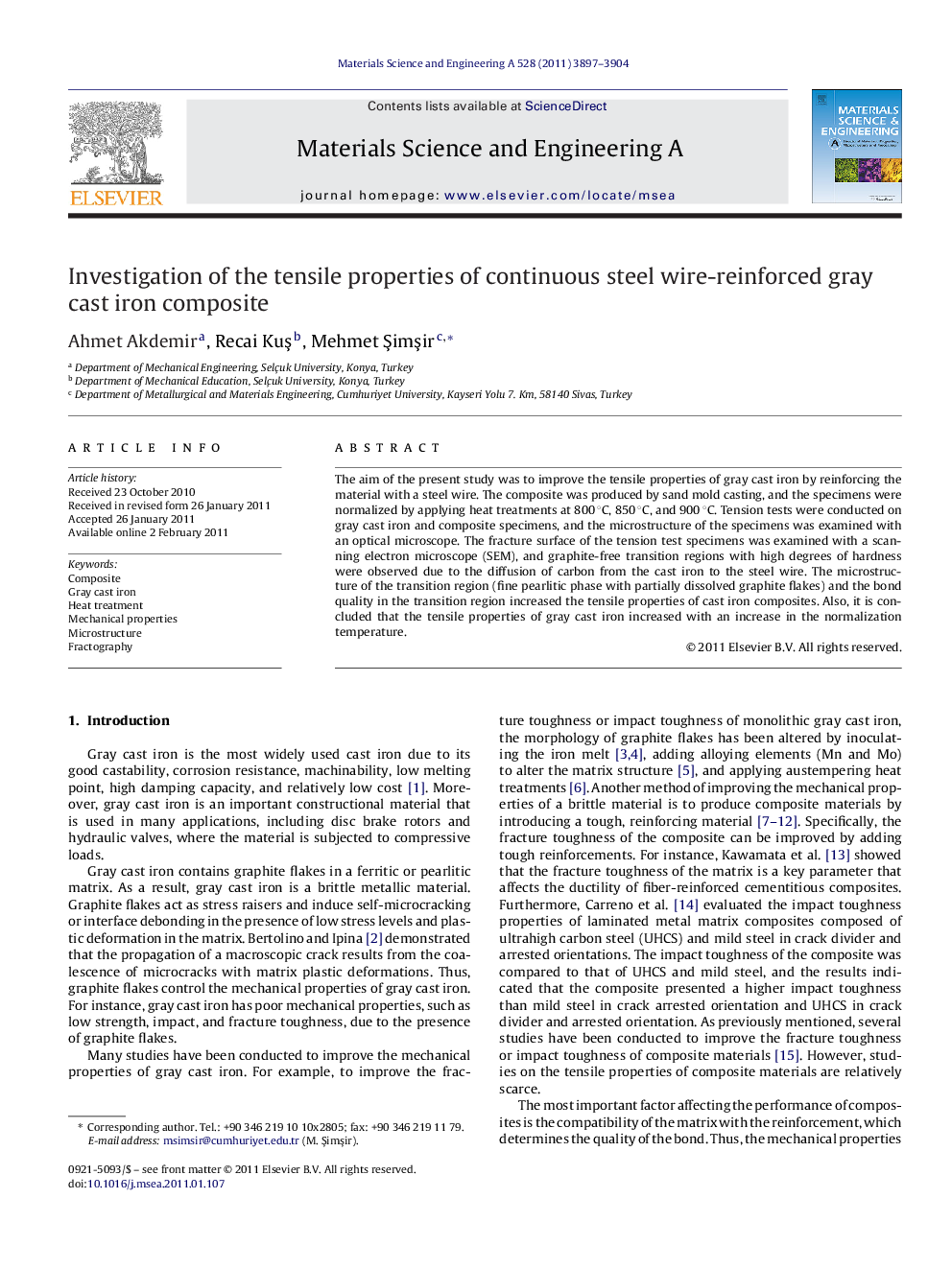 عکس صفحه اول مقاله: Investigation of the tensile properties of continuous steel wire-reinforced gray cast iron composite Investigation of the tensile properties of continuous steel wire-reinforced gray cast iron composite