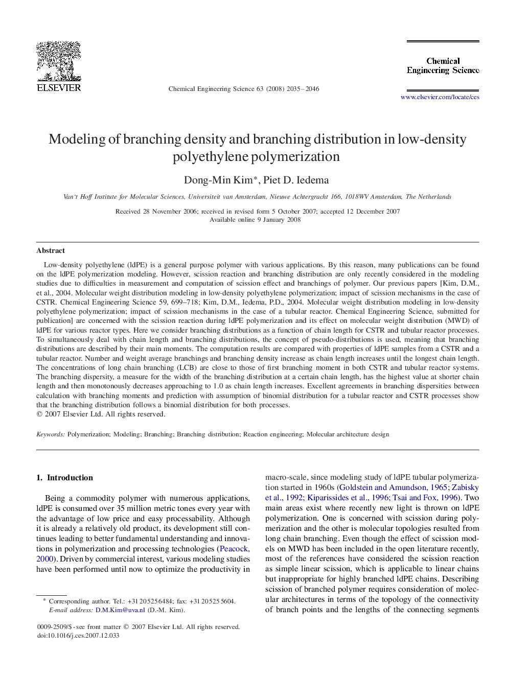 Modeling of branching density and branching distribution in low-density polyethylene polymerization
