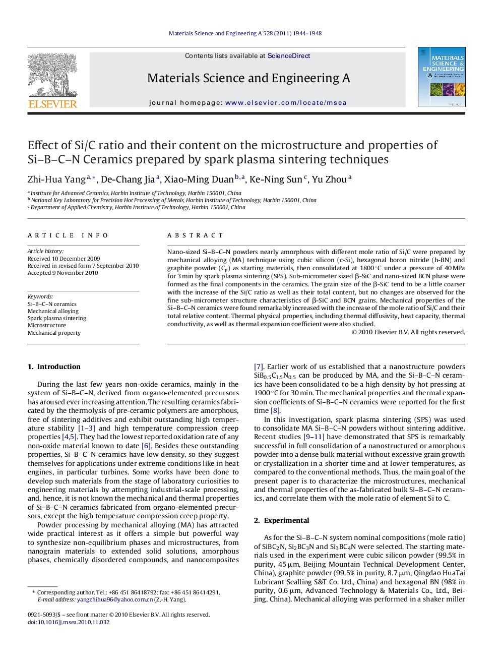 Effect of Si/C ratio and their content on the microstructure and properties of Si–B–C–N Ceramics prepared by spark plasma sintering techniques