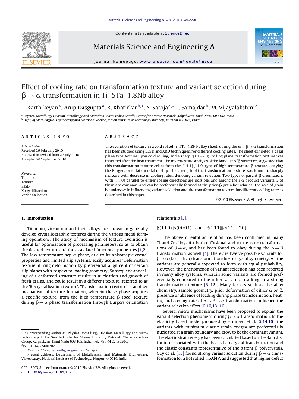 Effect of cooling rate on transformation texture and variant selection during Î²Â âÂ Î± transformation in Ti-5Ta-1.8Nb alloy