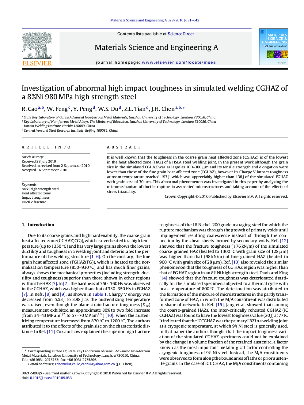 Investigation of abnormal high impact toughness in simulated welding CGHAZ of a 8%Ni 980 MPa high strength steel