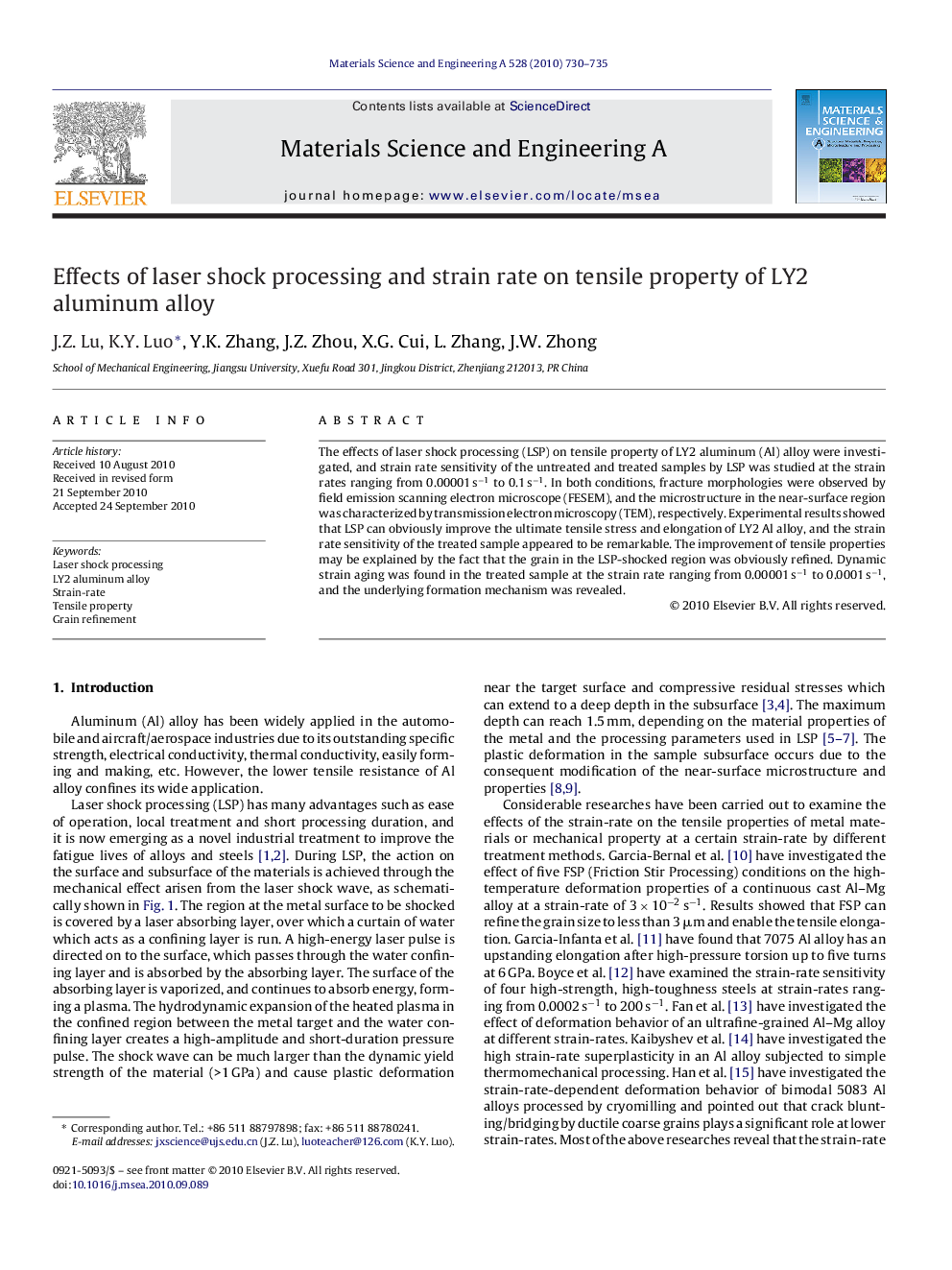 Effects of laser shock processing and strain rate on tensile property of LY2 aluminum alloy