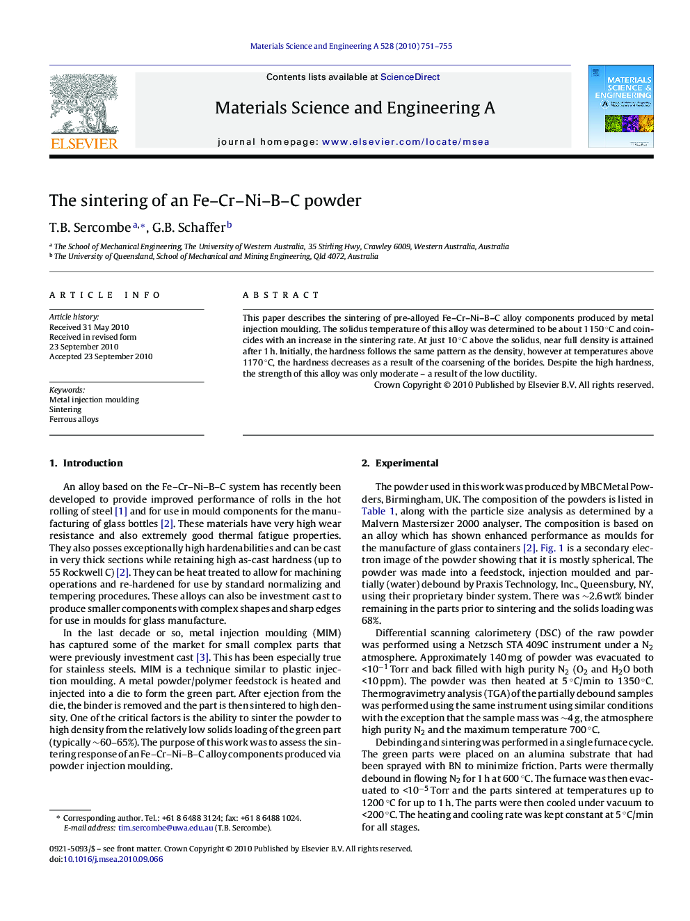 The sintering of an Fe–Cr–Ni–B–C powder